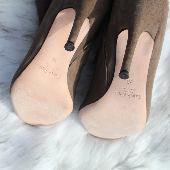 SOLD Calvin Klein Suede Taupe PeepToe Booties - Picture 5 of 8